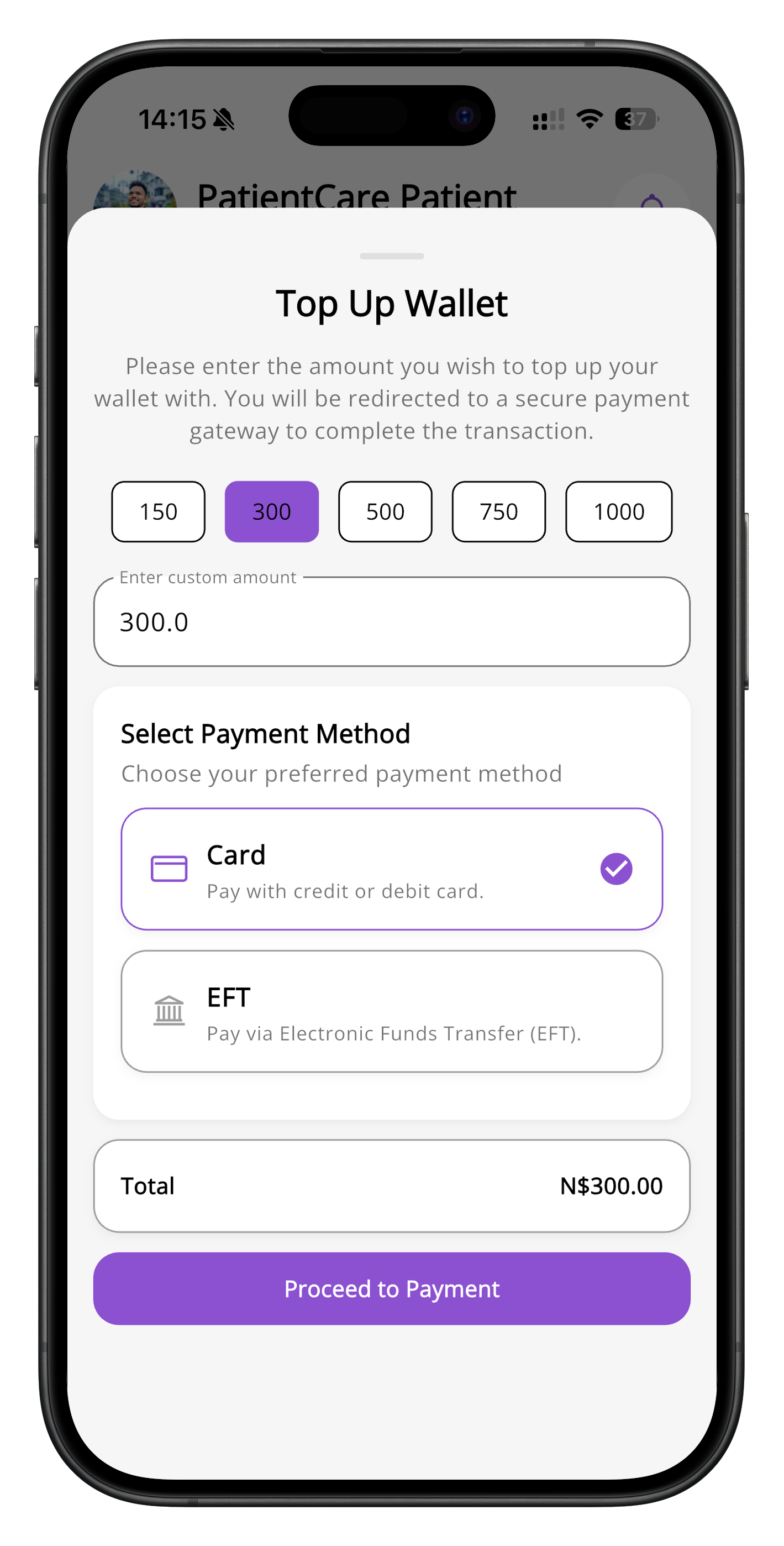 PatientCare account top-up screen