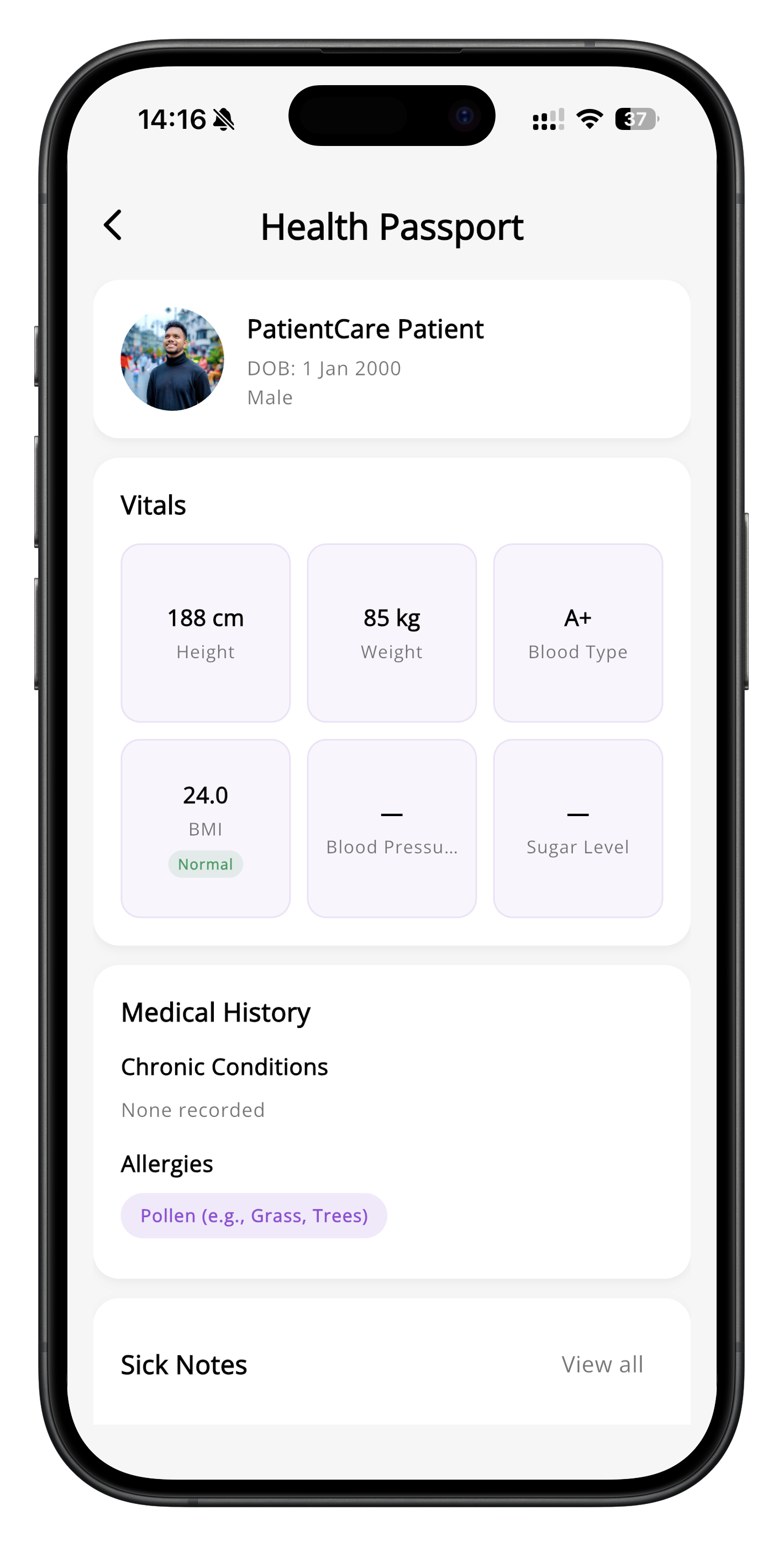 PatientCare Health Passport screen